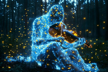 Glowing Blue Figure Playing Violin in Dark Forest at Night