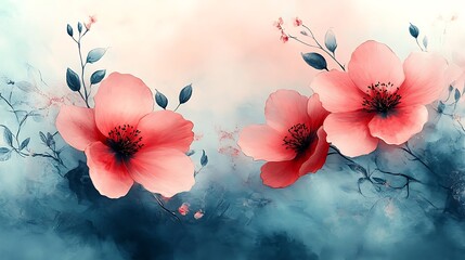 Two Coral Flowers Blossom Amidst Teal Abstract Background