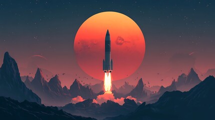 Fototapeta premium Rocket Launch Towards Red Planet, A rocket launching into space with a red planet in the background, surrounded by clouds and stars