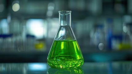 Sharp and vibrant green liquid in a glass flask, symbolizing innovation in scientific research and environmental sustainability. 32k Resolution