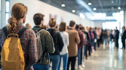 A long line of people waiting for interviews at a job fair event