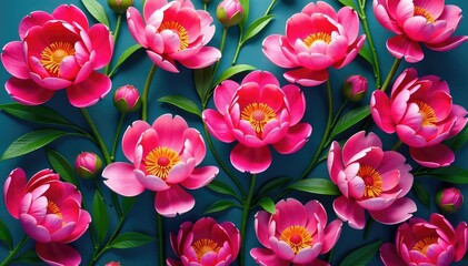Fototapeta premium Bold, densely packed peonies in vibrant hues form a lush, repeating floral pattern , vibrant, repeating, garden