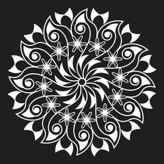 Black white round flower mandala design.