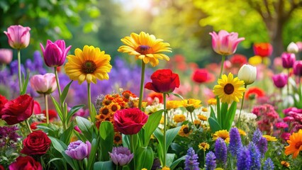Vibrant garden filled with an assortment of colorful blooms including roses tulips daisies sunflowers and lavender amidst lush greenery , gardening, floral arrangement