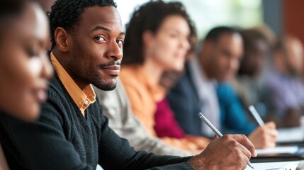 A close-up of a person taking notes during job training