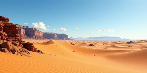 Naklejka premium Desert landscape with sand dunes and rocky outcrops, sand dunes, desert