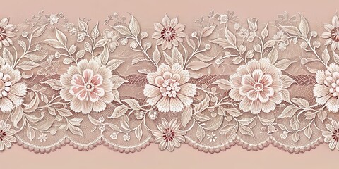 Vintage lace trim with intricate floral pattern on a soft pink background
