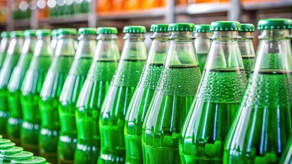 Close-up of assorted green soda bottles on display in a supermarket