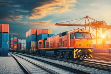 Fototapeta premium High-Speed Train Transporting Cargo Through Industrial Landscape at Sunset