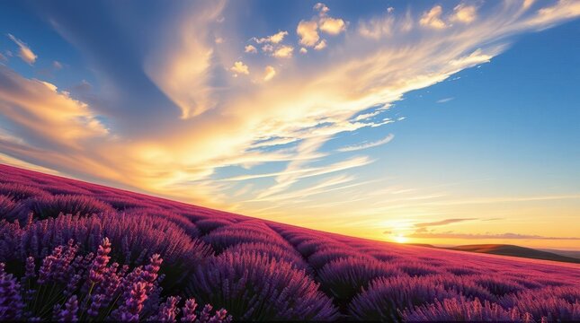  Vast Lavender Fields in Golden Sunset &ndash; Stunning 8K Photorealistic Landscape, lavender fields, sunset glow, purple flowers, peaceful countryside, dreamy nature, cinematic scenery, photorealistic vie
