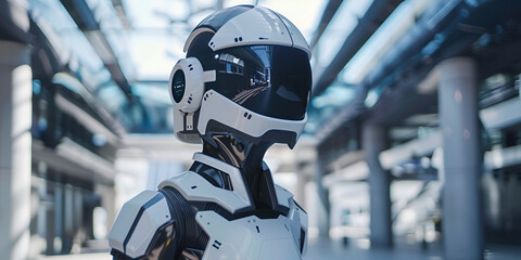 Sleek robot in a modern city hall surrounded by futuristic architecture and digital displays  
