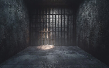 A dark 3D rendered prison cell with heavy metal bars and a harsh textured wall background