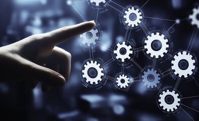A hand interacting with a digital gears icon on a blue background