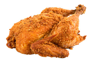 Golden-Brown Crispy Fried Chicken with Crunchy Coating on White Background