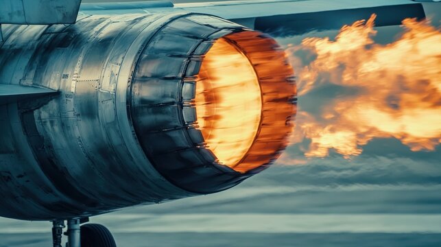 A fighter jet engine viewed from the back with exhaust flames
