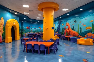 Kids play area, ocean theme, climbing pillar, tables, chairs