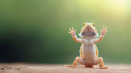 Bearded Dragon in a Vibrant Outdoor Setting with Hands Raised