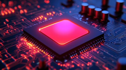 Illuminated Microchip on a Circuit Board Showcasing Futuristic Technology and Design