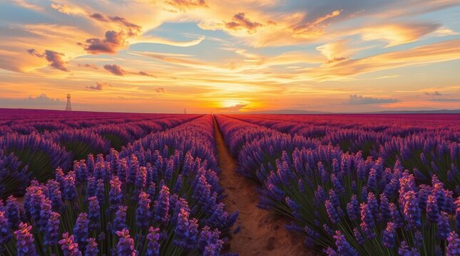  Vast Lavender Fields in Golden Sunset &ndash; Stunning 8K Photorealistic Landscape, lavender fields, sunset glow, purple flowers, peaceful countryside, dreamy nature, cinematic scenery, photorealistic vie
