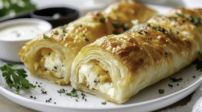 Golden brown puff pastry cheese pocket rolls with milk cream and black cumin seeds