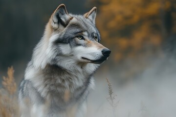 Fototapeta premium Majestic wolf in autumn forest fog, wildlife photography for nature documentaries