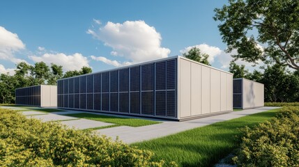 Fototapeta premium Innovative energy storage facility showcased against a bright blue sky and lush greenery surrounding