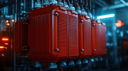 Intricate industrial electric transformers glowing in vivid red and blue lighting showcase technology