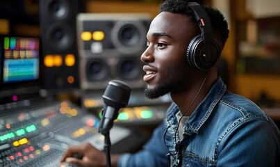 Man recording podcast studio; audio mixing console; broadcasting