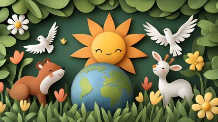 cheerful Earth Day scene with smiling sun, animals, flowers, and globe surrounded by lush greenery
