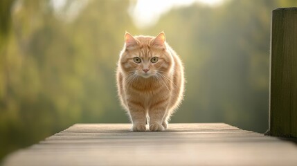 Majestic Orange Cat Walking on Wooden Pathway in Nature Background