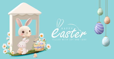 Happy Easter Day Design with Cute Bunny Vector Illustration. Egg Hunt Party Concept. Suitable for Poster Banner Flyer and Brochure Template