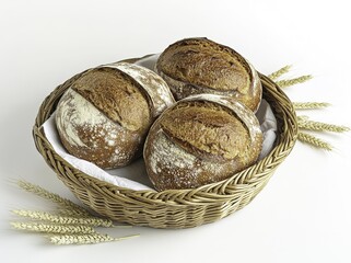 Top view of three freshly baked loaves of bread arranged in a basket on a white tablecloth