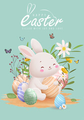 3D Realistic Easter Poster Design with Colorful Eggs and Rabbit Vector Illustration