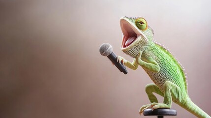 Chameleon Singing into Microphone for an Entertaining Performance