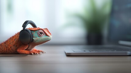 Colorful Lizard with Headphones near a Laptop on a Wooden Table