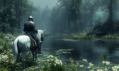 Knight, horse, river, misty forest, fantasy landscape, game art