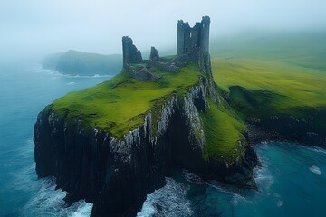 Misty coastal castle ruins, dramatic cliffs, ocean waves, green landscape, travel photography