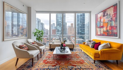Modern city apartment living room, cityscape view