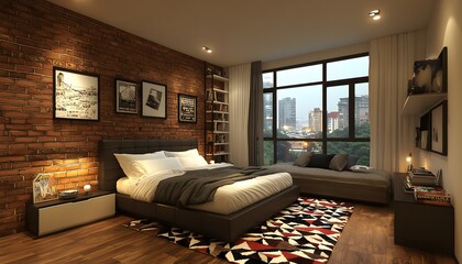 Modern bedroom with brick wall, city view, and rug