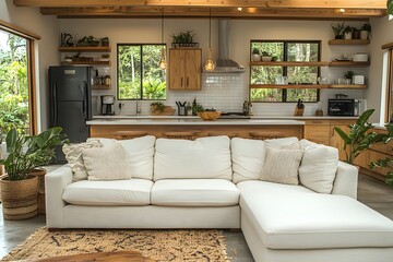 Modern kitchen and living room, jungle view, cozy