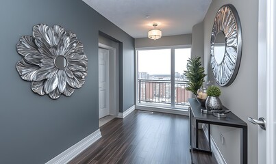 Modern condo hallway, city view, elegant decor, hardwood floor, home staging