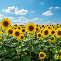 Fototapeta premium A vibrant field of sunflowers stretches towards a clear blue sky, with fluffy white clouds scattered above, creating a serene and picturesque landscape.