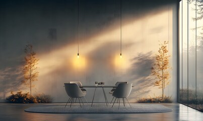 Modern dining room, sunset view, minimalist design, interior architecture, home decor