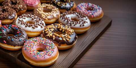 delicious donuts with a variety of glazes and toppings. large selection. assortment of delicious donuts to choose from. delicious dessert. pastries. rich and bright colors. wallpaper