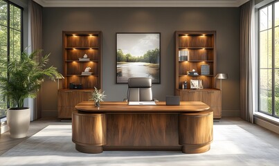 Modern walnut executive office desk, home office design, luxury interior
