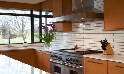 Modern kitchen design, island view,  spring garden background, home decor