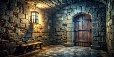 Dungeon cell with barred window in dimly lit medieval room, stone walls covered in mold and old wooden door