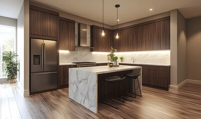 Modern kitchen design, island, hardwood floor, natural light, open plan