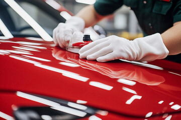Close-up of gloved hands meticulously applying car detailing sealant on red car surface