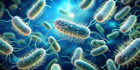 Pseudomonas aeruginosa bacteria with flagella forming a biofilm on a surface, microbial community, Pseudomonas aeruginosa